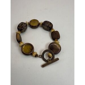 Vintage Ceramic & Wood Bead Toggle Bracelet – Earth Tone Chunky Jewelry